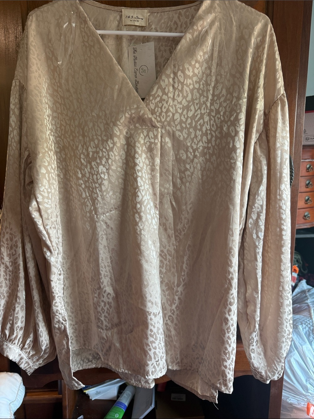 1.4.3. Story by Line Up Satin Leopard V-Neck Blouse - Cream